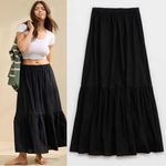 Aerie  • Poplin Tiered Maxi Skirt black cotton full ruffle midi pull on Photo 1