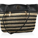 Beverly Hills Polo Club ‎ Tan & Black Woven Straw Faux Leather Tote Boho Beach Photo 0