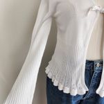 American Vintage Vintage White Stag White Tie Front Knit Cardigan Long Sleeve Scallop Hem L Photo 3