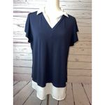 Adrianna Papell Twofer knit sweater blouse size Large Pullover Navy blue Ruffle Photo 8