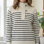 Ralph Lauren  Cream & Navy Striped Button Sweater PL NWT $89.50 Retail Photo 0