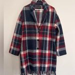 Tahari  Blue Check Button Wool Blend Fringe Over Coat Size Large Photo 0