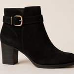 Cole Haan Black Suede Ankle Booties | Size 6.5 | Gold Buckle & Block Heel Photo 0