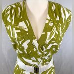 Soho Apparel  olive green and white pleated abstract print belted dress size 14 Photo 1