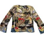 One World Womens Vintage Top French Floral Bell Sleeve Notch Neck Ruffles Medium Photo 2