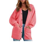 Womens Cardigan Sweater Oversized Chunky Knit Long Front Button with Pockets Pink Photo 2