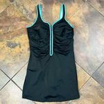 Women’s Black Turquoise Zip One Piece Skirt Swimsuit 14W Photo 3