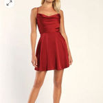 Lulus  Fanciful Flirt Burgundy Satin Cowl Neck Skater Mini Dress Size Small Photo 1
