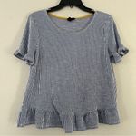 W5 🦋  Blue White Pin Stripe Ruffle Short Sleeve Casual Spring Blouse Medium Photo 0