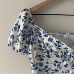 YueXi Floral Blue and White Midi Dress Keyhole Tie Bow Short Sleeve Slit bow EUC Size M Photo 8