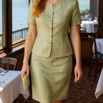 Papell Petites Vintage 90s 8P Sage Green Silk Beaded Skirt Suit Mother Bride Photo 0