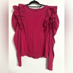 Anthropologie  Red Pink Ruffled V-Neck Ruffle Down Shirt Blouse Medium Photo 3