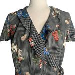 Maurice's Black Checkered Wrap Top Medium Floral Ruffle Peplum Puff Sleeve Photo 1