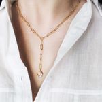 Short Y Necklace With Moon CZ Stone Charm Gold Photo 0