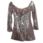 Self Portrait Long Sleeve Sequin Off Shoulder Mini Dress In Beige Photo 3
