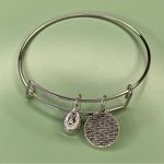 Silver Tone All We Need is Love Bangle Bracelet with Pink Rhinestone Charm Photo 2