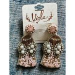 New! Viola Pink Metallic Gold White Beaded Faux Pearl Angel Earrings Photo 1