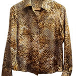 Kasper  Silk Leopard Print Button Down Blouse Petite Size 6 Small Gold Brown Photo 0