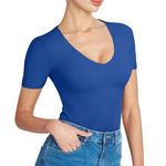 NWT REORIA Royal Blue V Neck Short Sleeve Seamless Thong Bodysuit Small Photo 3