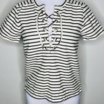 Madewell Lace Up Top SMALL Cream Blue Nautical Striped Short Sleeve Knit Casual Photo 1