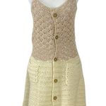 Vintage 70s Bohemian Handmade Crochet Knit Mini Dress Tan Cream Medium Belted Photo 5