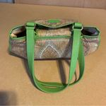 ETRO GREEN FAUX LEATHER TRIM W/TAN & GRAY COTTON PAISLEY PRINT BODY SATCHEL BAG Photo 8