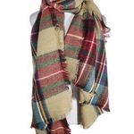Plaid Wrap with Fringe One Size Tan, Green, and Red Plaid Preppy Wrap Tan Photo 0