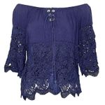 Navy Blue Lace Tassel Lace Up Off The Shoulder Top Small Photo 2