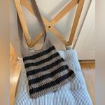 Vintage Boho Black and Taupe Tan Striped Crochet Woven Shoulder Crossbody Bag Photo 10