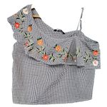 Gingham One Shoulder Top Embroidered Floral Ruffle Black White Summer Large Photo 1