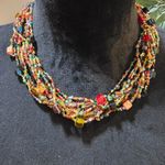 Women's Glass Seed Bead Multi Twelve Strand Braided Necklace with Lobster Clasp Red Photo 0