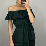SIR The Label / Revolve Stefi Linen Off Shoulder Ruffle Mini Dress in Dark Olive Photo 1