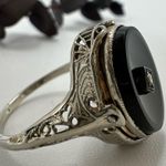 14k White Gold Art Deco Cameo Old European Cut Diamond and Onyx Flip Ring Silver Photo 3