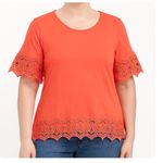Chico's  Shirt Coral Orange Slub Lace Hem Top Womens XL Scalloped Crochet Detail‎ Photo 0