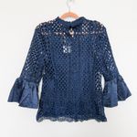 Dolce Cabo Womens Top Medium Navy Crochet Bell Sleeve Semi Sheer Boho Victorian Blue Photo 4