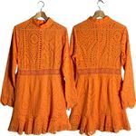 LIONESS  Eyelet Cutout High Neck Mini Dress Women's XL Orange Lace Party Cocktail Photo 3