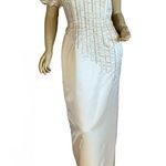 VINTAGE 1980'S HAND CRAFTED CREAM RHINESTONE SATIN SINGLE SHOULDER DRESS (S) White Photo 1
