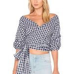 Lovers + Friends  X REVOLVE Bow Wrap Gingham Navy White Blouse Size M Photo 0