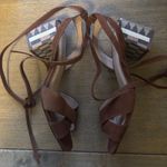 Anthropologie  Tabitha Open Toe Heels Aztec Print Suede Brown‎ Ankle Wrap Size 38 Photo 4