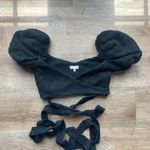 Torn By Ronny Kobo Ronny Kobo Zano Crop Top Small Puff Sleeve Wrap Around Tie Waist Black Revolve Photo 1