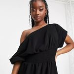 ASOS DESIGN Shirred Waist Midi Dress With Fallen Shoulder Photo 2