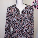Terra & Sky  black floral pleated tied waist long sleeve button down blouse Photo 1