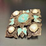 Vintage SARAH COVENTRY Faux Turquoise Pearl Cabochon Remembrance Brooch 28.5g. Silver Photo 4