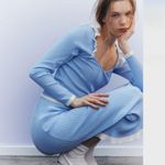 H&M Women's Light Blue Ruffle-trimmed Rib-knit Top Set S Photo 3