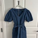 En Saison Puff Sleeve Belted Denim Wide Leg Jumpsuit Medium Blue Photo 2