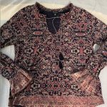 Lucky Brand Navy Multicolor Paisley Floral Border Top Printed Long Sleeve Size M Photo 3