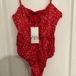 ZARA NWT Women's ‎ Red Lace Up Satin Effect Star Print Bodysuit Size Medium Photo 2