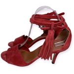 Yvonne Kone Women’s Size 38 7.5 Red Suede Wrap Tassel Ankle Open Toe Pumps Heels Photo 6