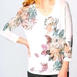J. Jill Floral Linen Blend V Neck Cream Pullover Sweater M Purple Size M Photo 0