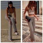 ZARA  Black White Knit Striped Wide Leg Pants Size Small High Rise Stretch Beach Photo 13